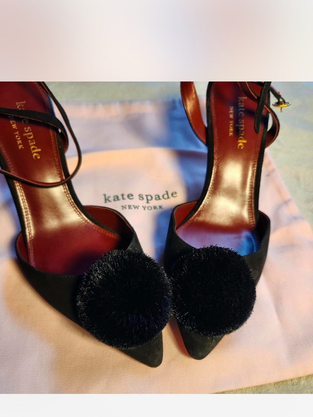 kate spade Black Pom-Pom Pointed Toe Ankle-Strap Heels